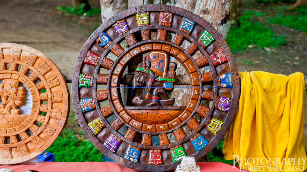 Maya Calendar made out of cedar on display at Maya Kiosk in Chichen Itza.
